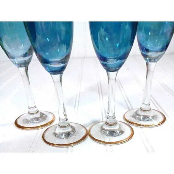 GlassOfVenice Murano Glass Champagne Flutes 24K Gold Leaf - Blue Set 4 Vintage - Picture 9 of 16